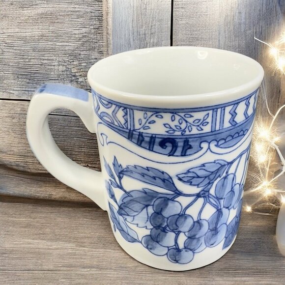 1995 Jardin Blue Cardinal Ceramic Coffee Mug Cup Set 2 Blue White Fruit Cherry - Picture 2 of 15